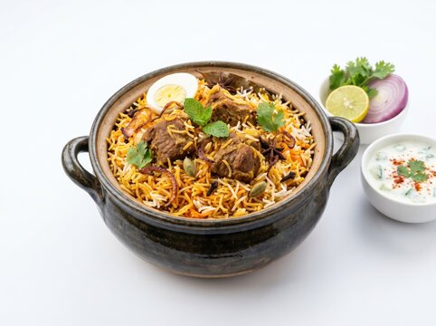 Traditional Indian mutton biryani served in a rustic clay pot with a boiled egg, raita, and fresh onion salad garnish, captured in bright studio light on a clean white background.