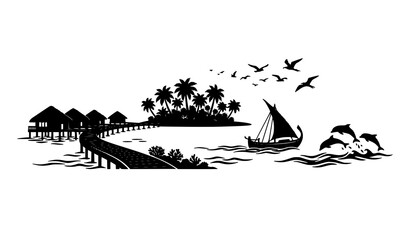 Maldives tropical island silhouette vector illustration, ocean resort with water villas and dolphins. © MdMafijur
