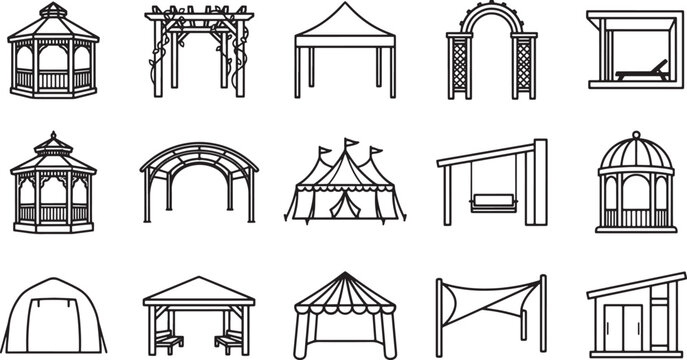 Outdoor structures and garden shelters line art icon set featuring gazebos pergolas tents and patio covers