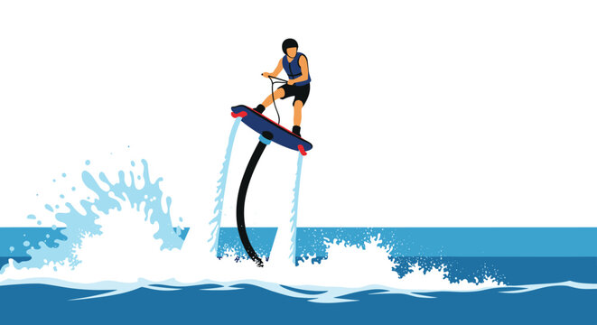 Athlete performing stunts on a flyboard with water jets spraying behind him over the ocean waves under a clear sky.