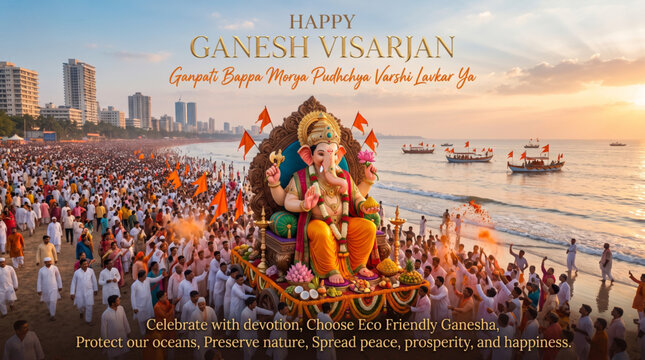 Lord Ganesha Visarjan Procession at Beach with Devotees, Idol and Sunset Skyline for Festival Banner Design