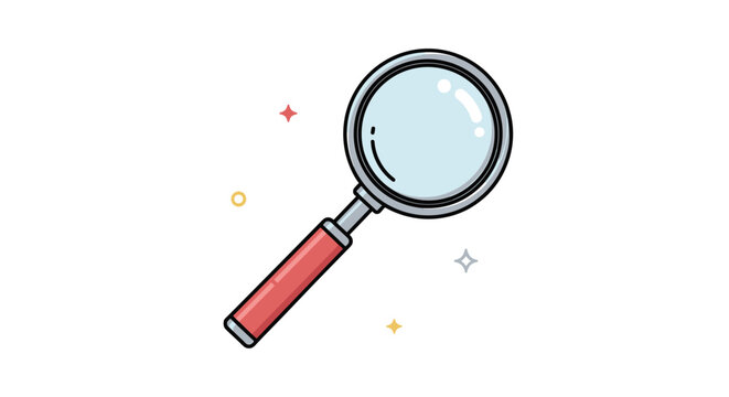 Simple magnifying glass icon with a red handle and stars used for search, investigation, and zoom concepts on white background.