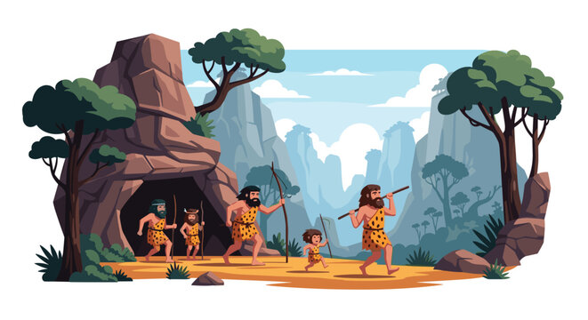 Group of cavemen and women dressed in fur carrying spears and bows coming out of a rocky cave in a prehistoric landscape.