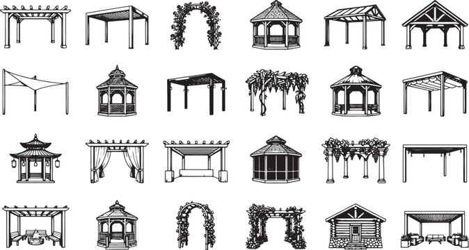 Set of garden structures and outdoor architectural elements including pergolas gazebos and arbors in black line art