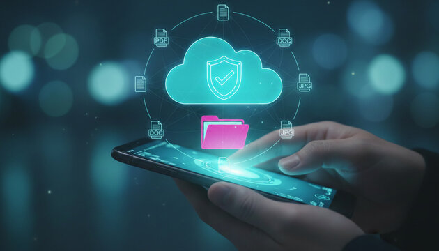 Hand holding phone with digital cloud storage interface, data files and security shield, symbolizing digital security and access.