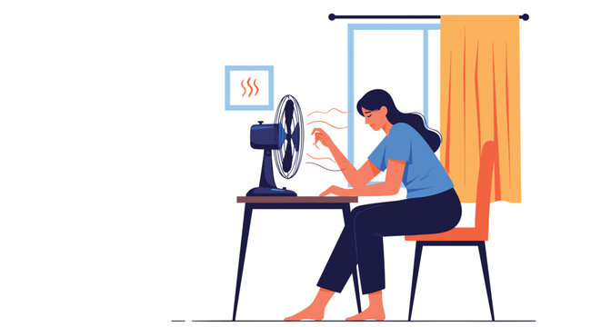 Tired woman sitting at a desk trying to cool off in front of an electric fan during a hot summer day at home.