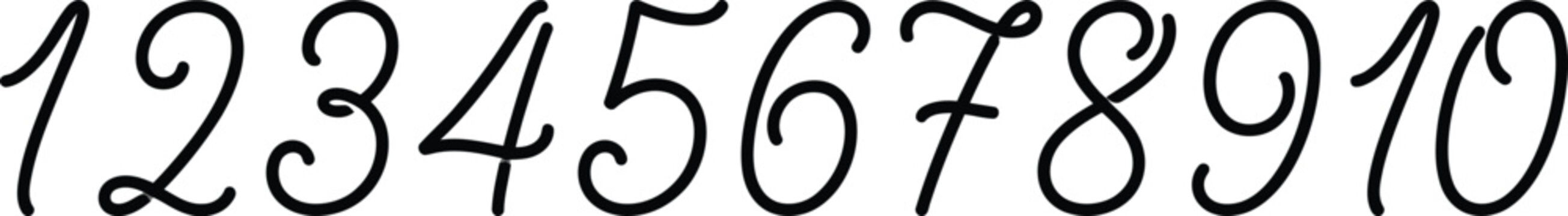 A decorative script font displays the numbers one through ten in a flowing, elegant style.