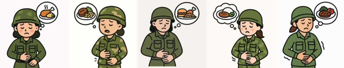 Fototapeta premium Set of vector illustrations of a hungry female soldier wanting to eat.