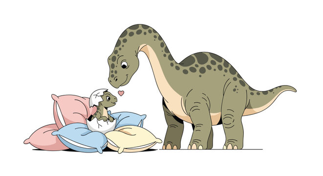 Cute mother dinosaur lovingly watching her baby hatch from an egg on a pile of soft pillows in a minimalist cartoon illustration.