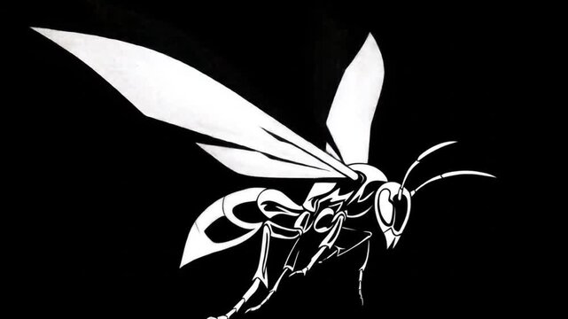 White graphic illustration of a flying wasp insect on a solid black background