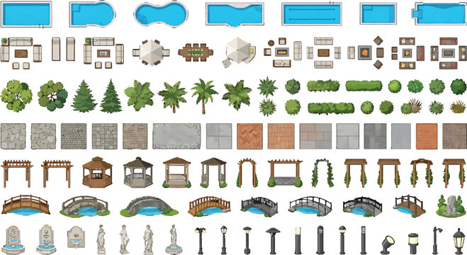 Top view landscape design elements set with swimming pools trees pergolas bridges and garden furniture vector illustration