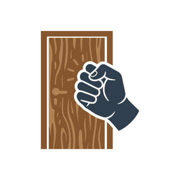 A vector illustration of a fist knocking on a wooden door