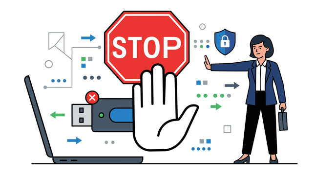 Businesswoman stopping cyber attack on laptop.