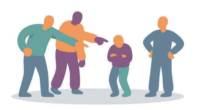 Four people standing in a confrontational scene.