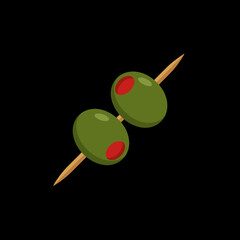 Two green olives are skewered on a wooden cocktail pick © kaile