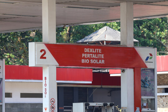 An outdoor view of a Pertamina gas station, the Indonesian state-owned oil and natural gas corporation, sell various fuel products like Pertalite, Bio Solar, Pertamax, Pertamina Dex and Dexlite.