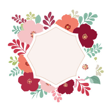 Hexagonal floral frame with flowers and leaves