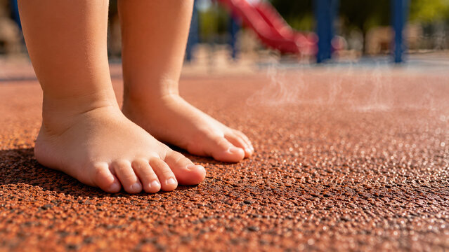 Close-up of small child bare feet on a very hot playground surface in summer, heat shimmer faint above the ground. Summer heat safety and child protection concept.
