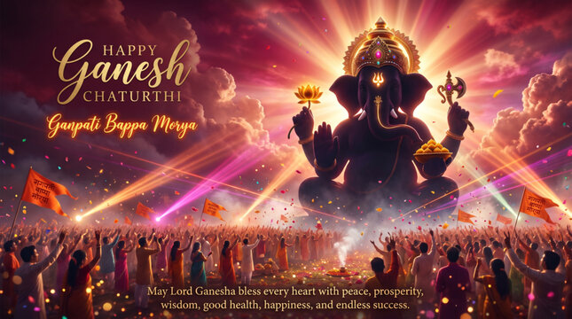 Grand Lord Ganesha Celebration with Devotees, Saffron Flags and Radiant Sky for Ganesh Chaturthi Festival Banner