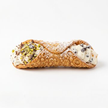 Single traditional Sicilian cannolo pastry filled with sweet ricotta cream, topped with crushed pistachios and chocolate chips, isolated on a clean white background with bright studio light.