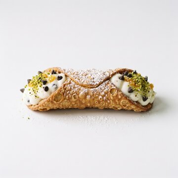 Traditional Sicilian cannoli pastry filled with sweet ricotta cream, topped with chocolate chips and ground pistachios, isolated on a bright white studio background for bakery menu design.