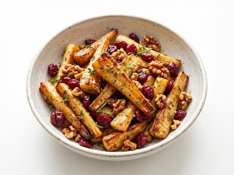 Golden roasted parsnips with dried cranberries and walnuts served in a ceramic bowl on a clean white background, perfect for healthy Thanksgiving recipes and holiday food marketing.