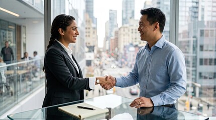 Fototapeta premium Diverse business professionals shaking hands in a modern city office, sealing a successful partnership.