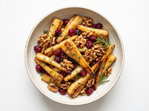 Roasted golden parsnips tossed with crunchy walnuts and dried cranberries in a ceramic bowl, bright studio lighting on white background, perfect for healthy autumn holiday recipes.