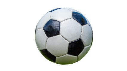 Naklejka premium Isolated classic black and white soccer ball, traditional football equipment for game and sport.