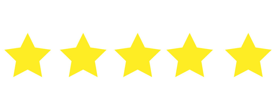 five star customer product review icon. Yellow 5 star rating feedback.