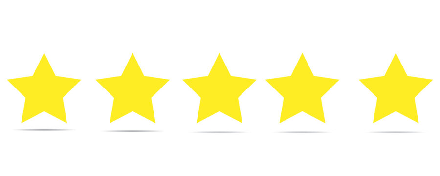 five star customer product review icon. Yellow 5 star rating feedback.