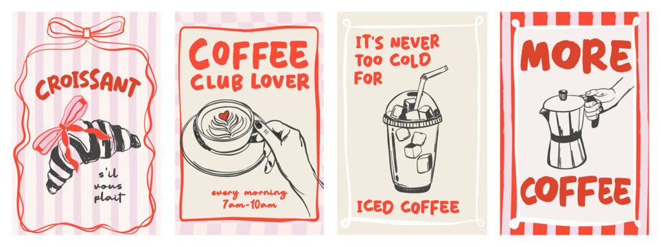 Collection of vintage la dolce vita poster with hand drawn coffee cup, croissant and pancakes. Whimsical dopamine vector for wall art gallery, invitation, menus in cafe or restaurant branding etc.
