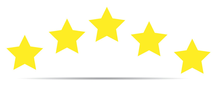 five star customer product review icon. Yellow 5 star rating feedback.
