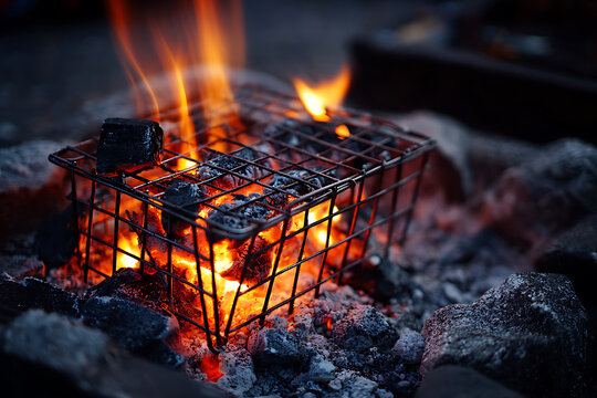 Close-up of a Barbecue Grill with Glowing Coals and Flames.