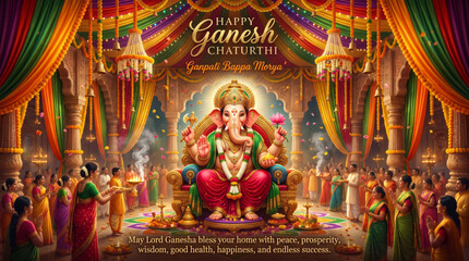Fototapeta premium Lord Ganesha Seated on Ornate Throne During Temple Celebration with Devotees for Festival Greeting Banner Design