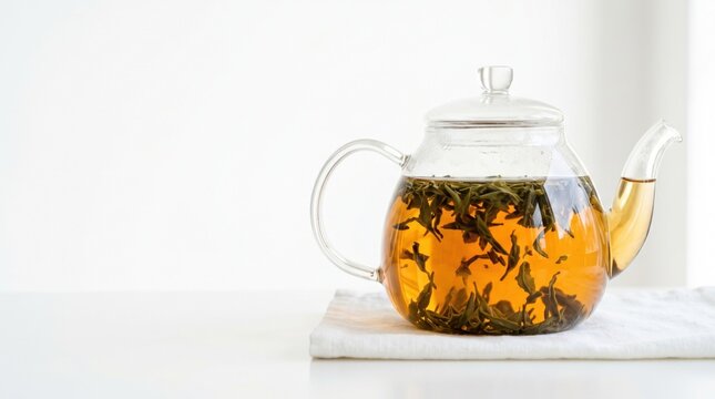 Clear glass teapot brewing organic green tea leaves on a white linen napkin, bright minimalist kitchen background, soft natural daylight, peaceful wellness cafe advertisement.