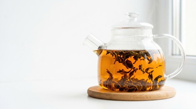 Golden oolong tea with loose leaves brewing inside a clear glass teapot on a round wooden coaster, set against a bright minimalist white background in soft natural window light for wellness.