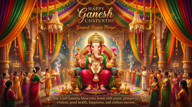 Lord Ganesha Seated on Ornate Throne During Temple Celebration with Devotees for Festival Greeting Banner Design