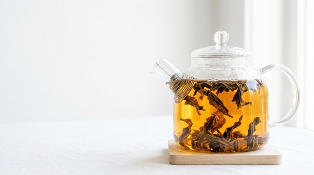 Glass teapot filled with brewing golden herbal tea sits on a wooden coaster against a bright white minimalist background, showcasing loose leaves in soft natural morning light for wellness branding.