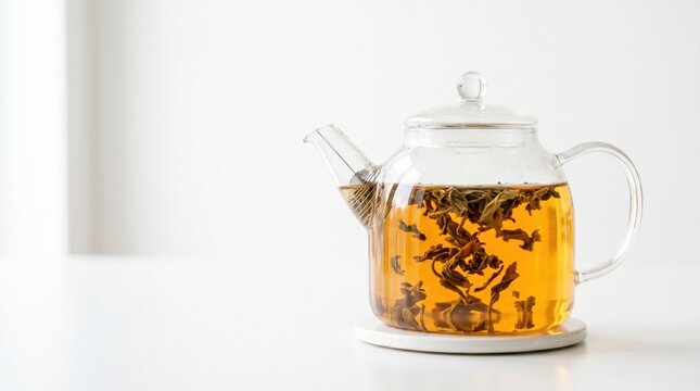 Minimalist glass teapot with freshly brewed herbal tea and loose leaves on a white table under bright natural light, ideal for wellness branding, healthy lifestyle, and cafe menus.