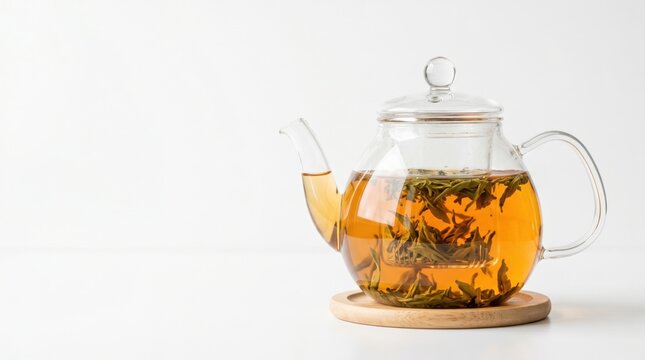 Premium glass teapot with brewing loose green tea leaves on wooden coaster, bright studio white background, clean minimalist design for wellness brand advertisement and hospitality menus.