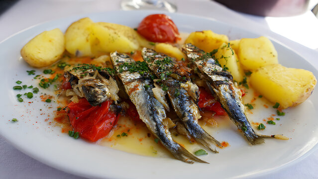 Delicious Grilled Sardines with Potatoes and Tomatoes.