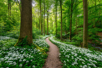 Obraz premium Enchanting Forest Path Lined with Wild Garlic Flowers in Spring.