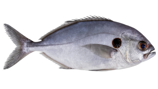 Isolated whole fresh silvery-blue pompano fish on a clean studio background ready for market