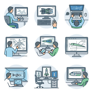Engineers designing aircraft and spacecraft using computer-aided design software.