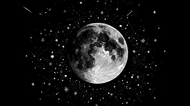 Full moon illuminated amongst stars on a black background