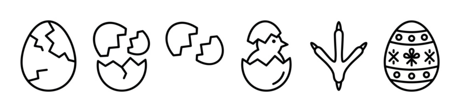 Eggs chick footprint hatching new life icons set in a simple outline style, perfect for spring, Easter, and animal-themed designs.