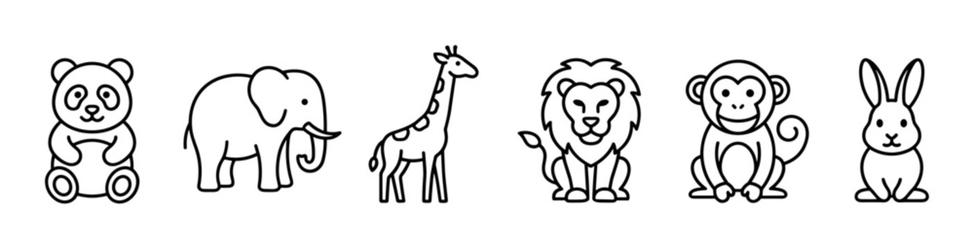 Cute animal icons including panda, elephant, giraffe, lion, monkey, and rabbit in a simple outline style for various design projects.