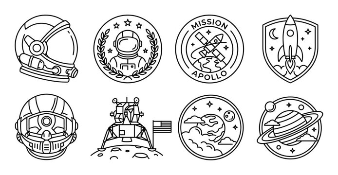 Space exploration astronomy science adventure outline icons collection featuring various cosmic elements, astronaut gear, and planetary designs in a modern linear style.