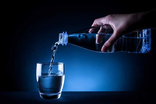 Pouring Fresh Water From Bottle Into Glass With Blue Lighting.